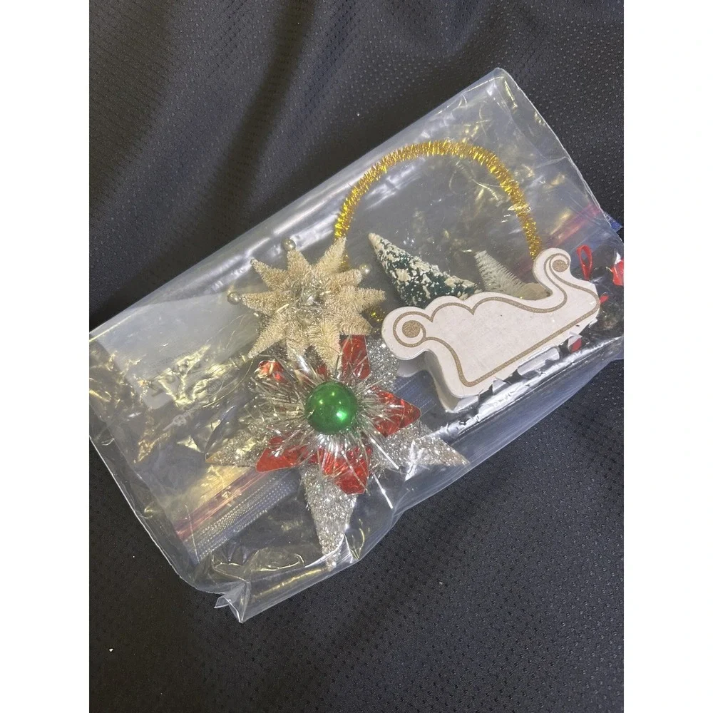 Vtg Christmas Ornaments Lot of 3 Mini Sled w Bottle Brush Trees + 2 Star Shapes